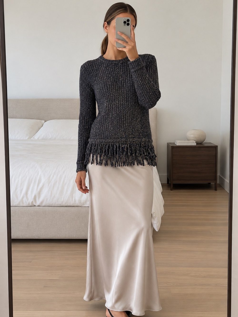 Max Mara Navy Beige Virgin Wool Cashmere Ribbed Fringe Sweater Size S